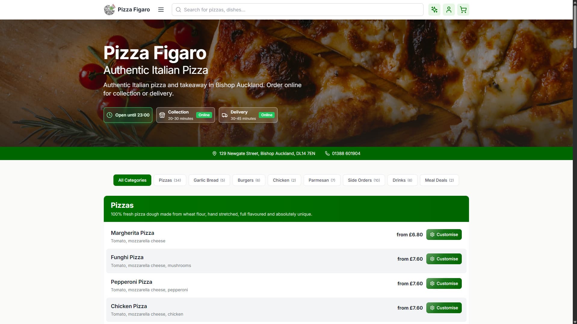 Customer-facing ordering website with menu categories