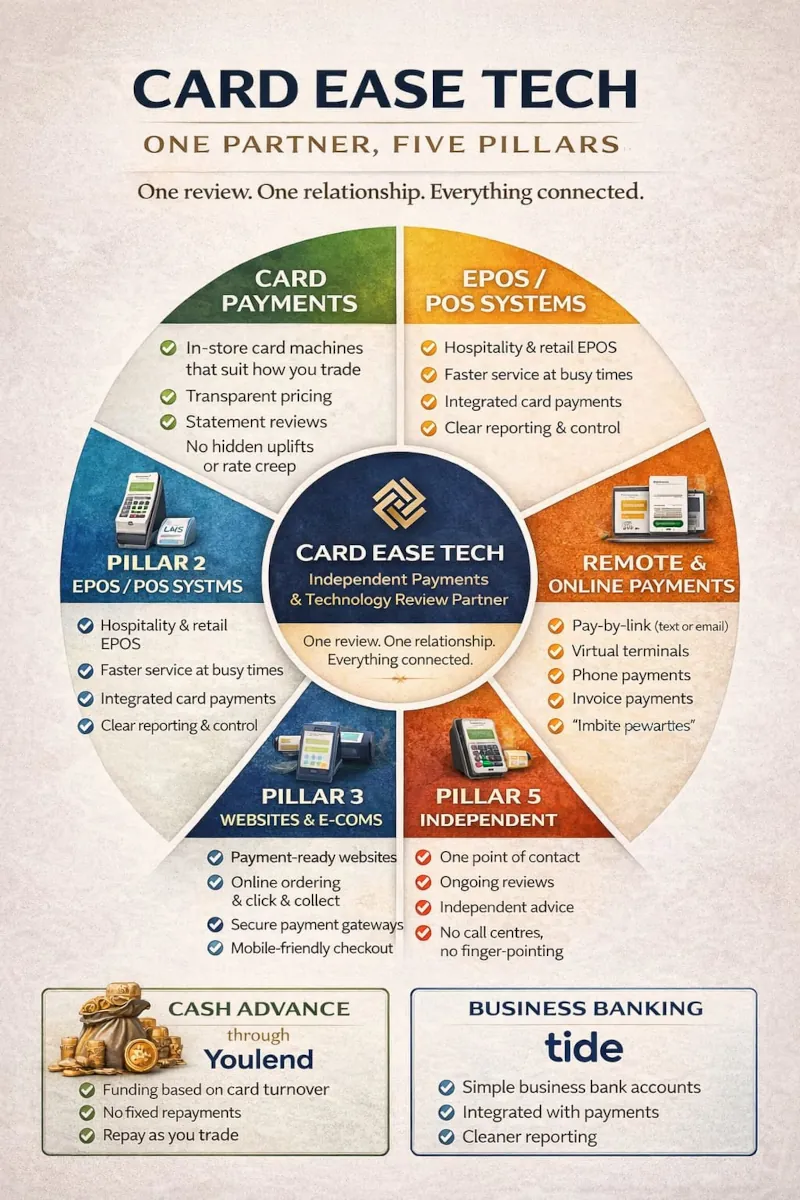 Card Ease Tech 5-Pillar Review Framework - showing Card Payments, EPOS/POS Systems, Websites & E-commerce, Remote & Online Payments, and Independent Support